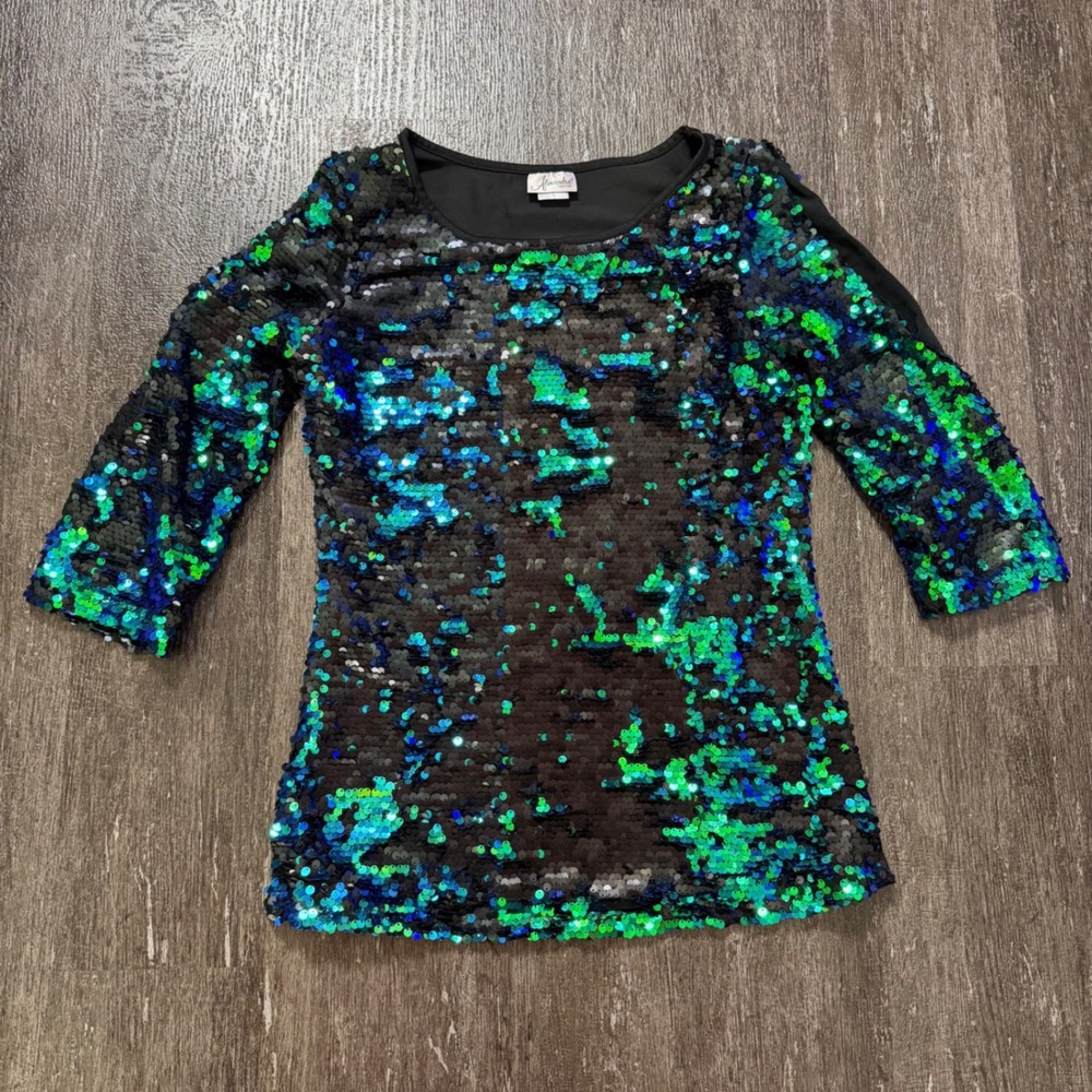 Alexandra Collection‎ Sequin Top Women Large Green Blue Black 3/4 Sleeve Mermaid